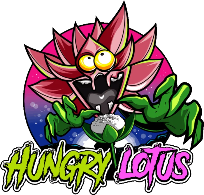 Hungry Lotus mascot, a cartoon lotus flower holding a scoop of rice